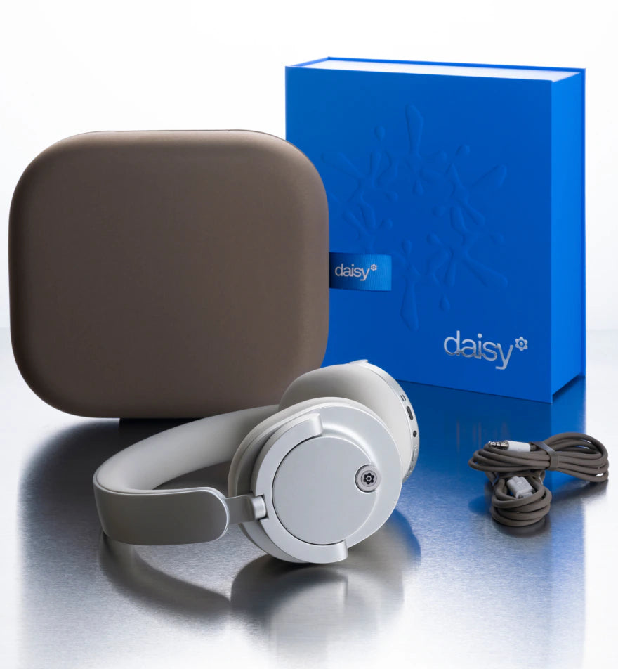 Included Daisy One headphones, case, cables, and box